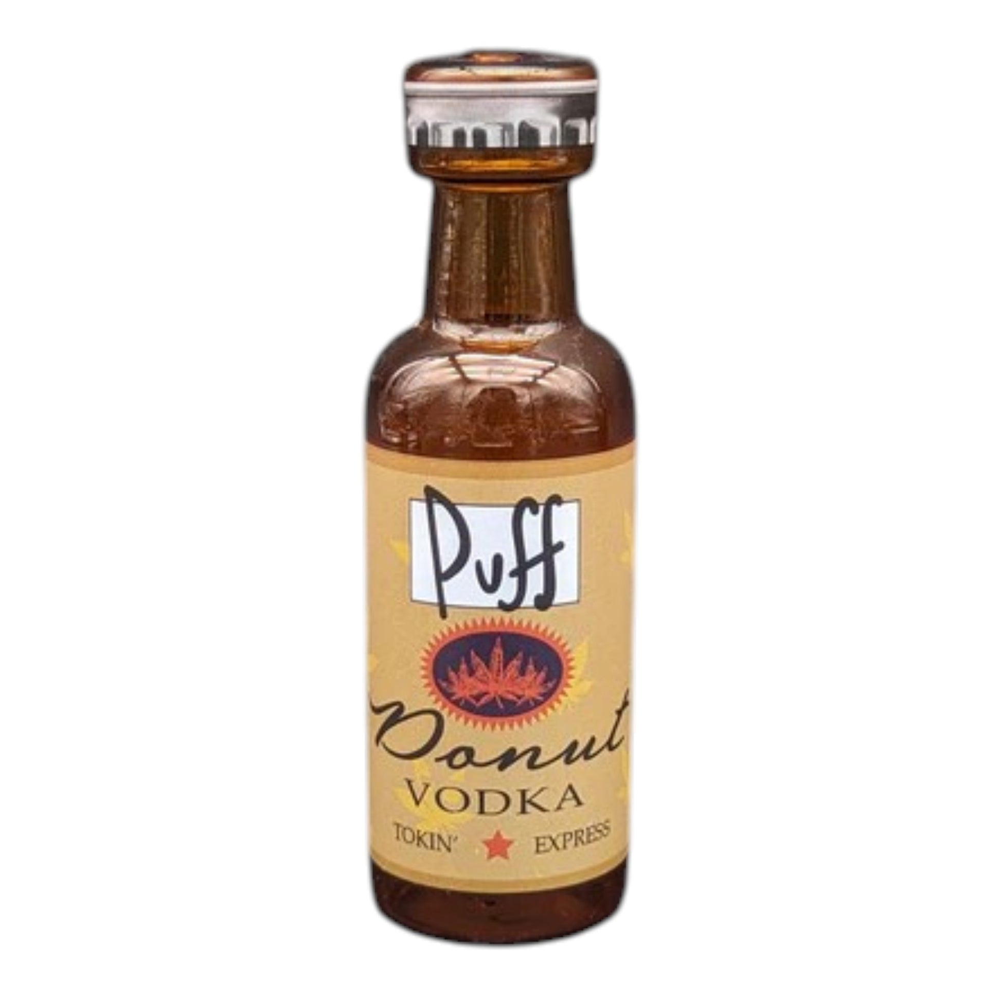 Brown vodka-style bottle hand pipe with front label design. The Wee Smoke Shop