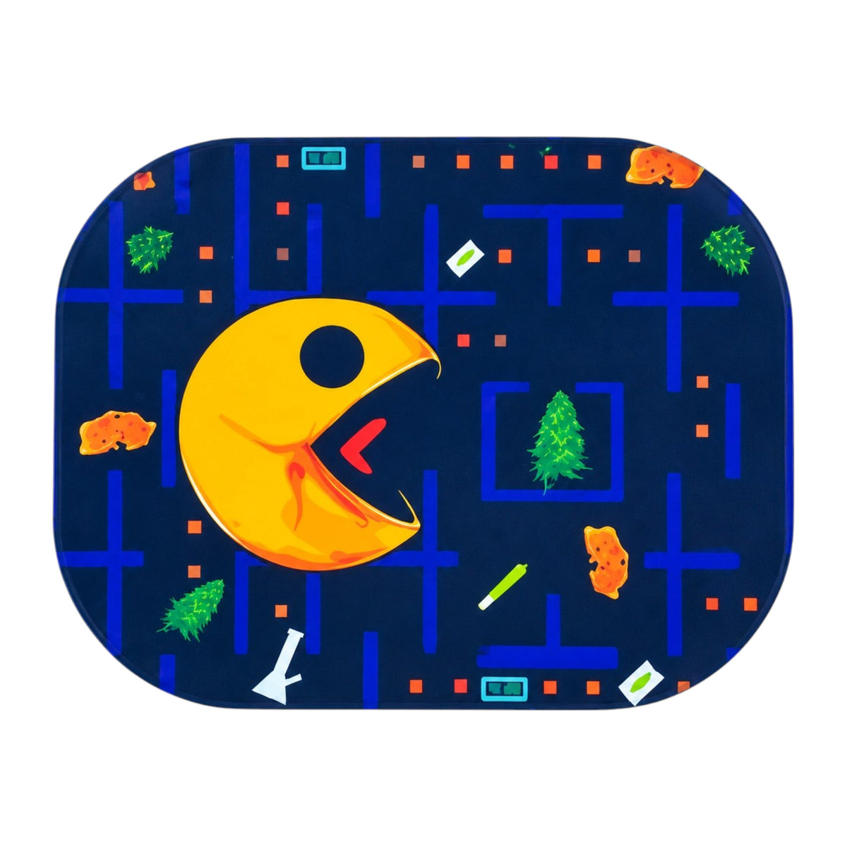 Smoke Arsenal Dankman magnetic rolling tray cover featuring a yellow Pac-Man-style character, blue arcade maze, green cannabis graphics, and colourful pixel-style details on a dark background.