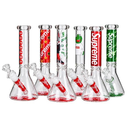 Six clear glass water pipes with Sup branding in red, white, and green, arranged together on a plain white background.