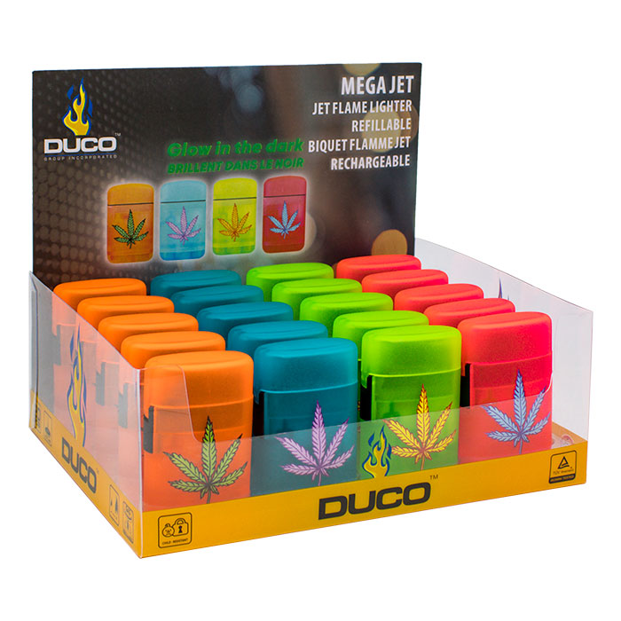 A retail display box of DUCO MEGA JET refillable jet flame lighters in multiple bright colors, including orange, blue, green, and red, with cannabis leaf graphics on the front.