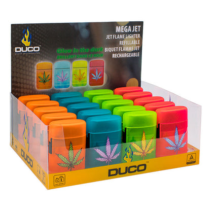 A retail display box of DUCO MEGA JET refillable jet flame lighters in multiple bright colors, including orange, blue, green, and red, with cannabis leaf graphics on the front.