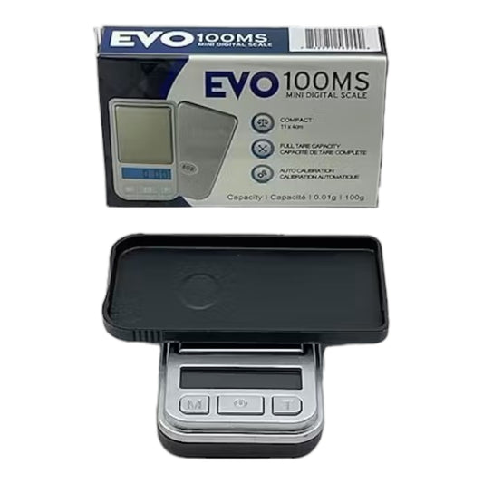 EVO 100MS mini digital scale with black protective cover, digital display, buttons, and product box showing 0.01g accuracy and 100g capacity. - The Wee Smoke Shop