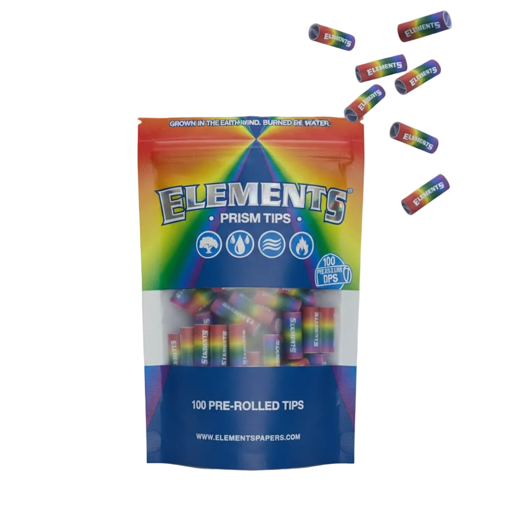 Package of Elements Prism Tips pre-rolled tobacco with colorful tips on a white background