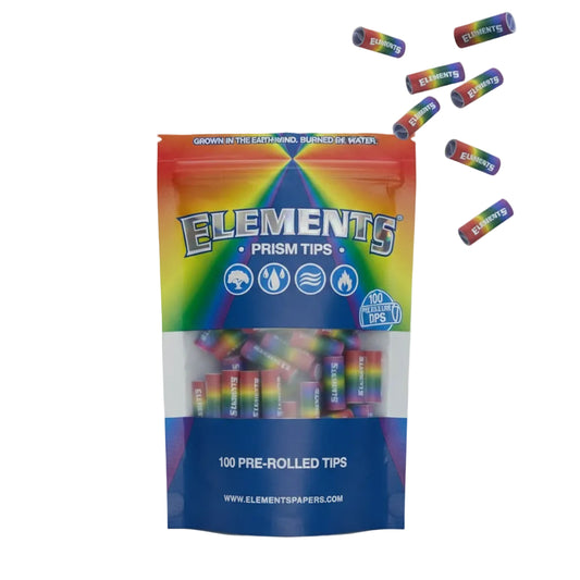 Package of Elements Prism Tips pre-rolled tobacco with colorful tips on a white background