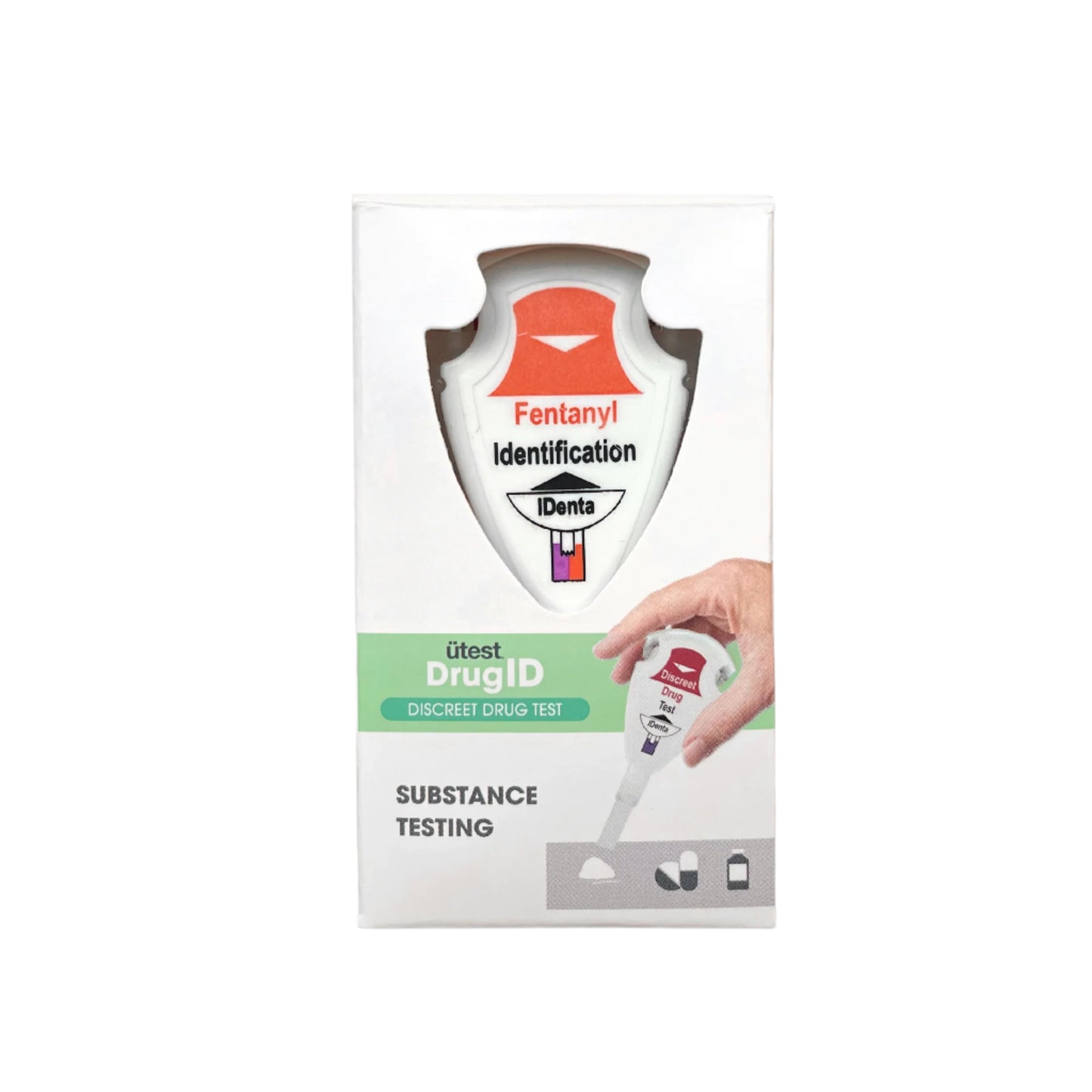 Drug testing kit packaging with branding and product illustration on a white background