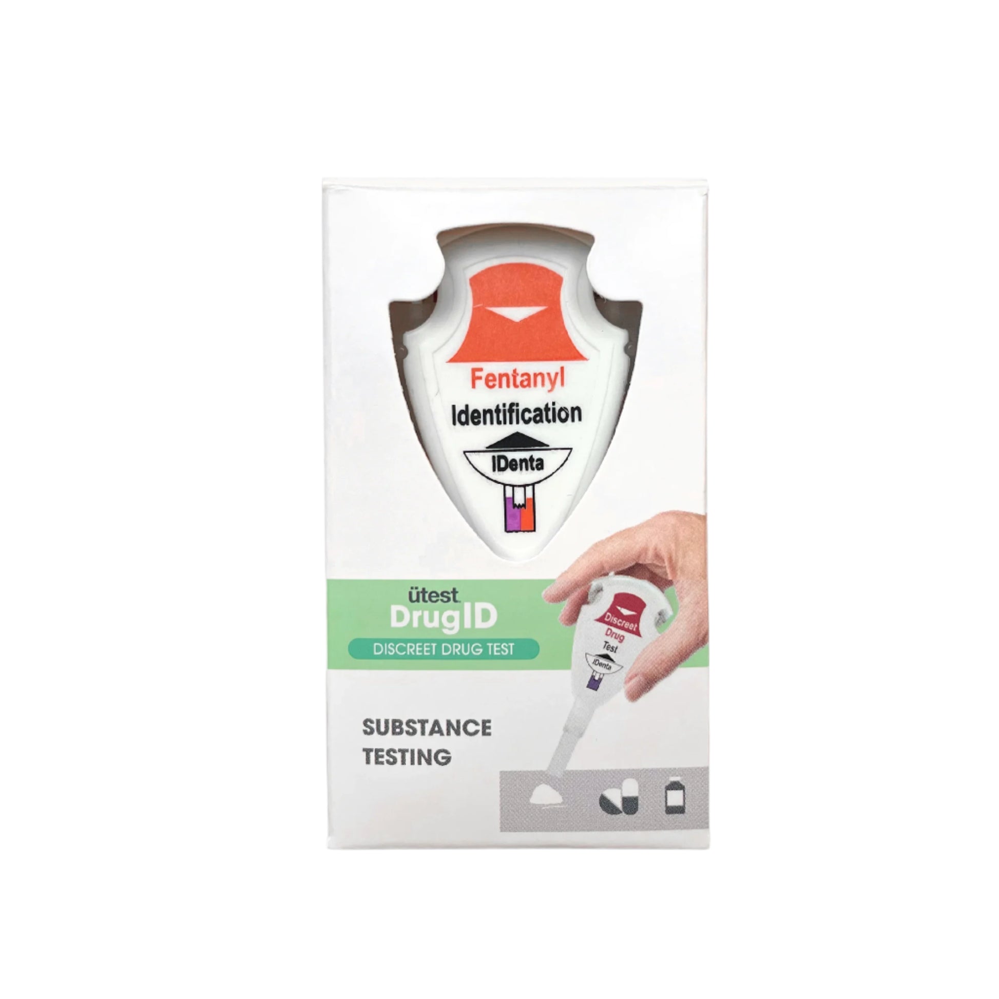 Drug testing kit packaging with branding and product illustration on a white background