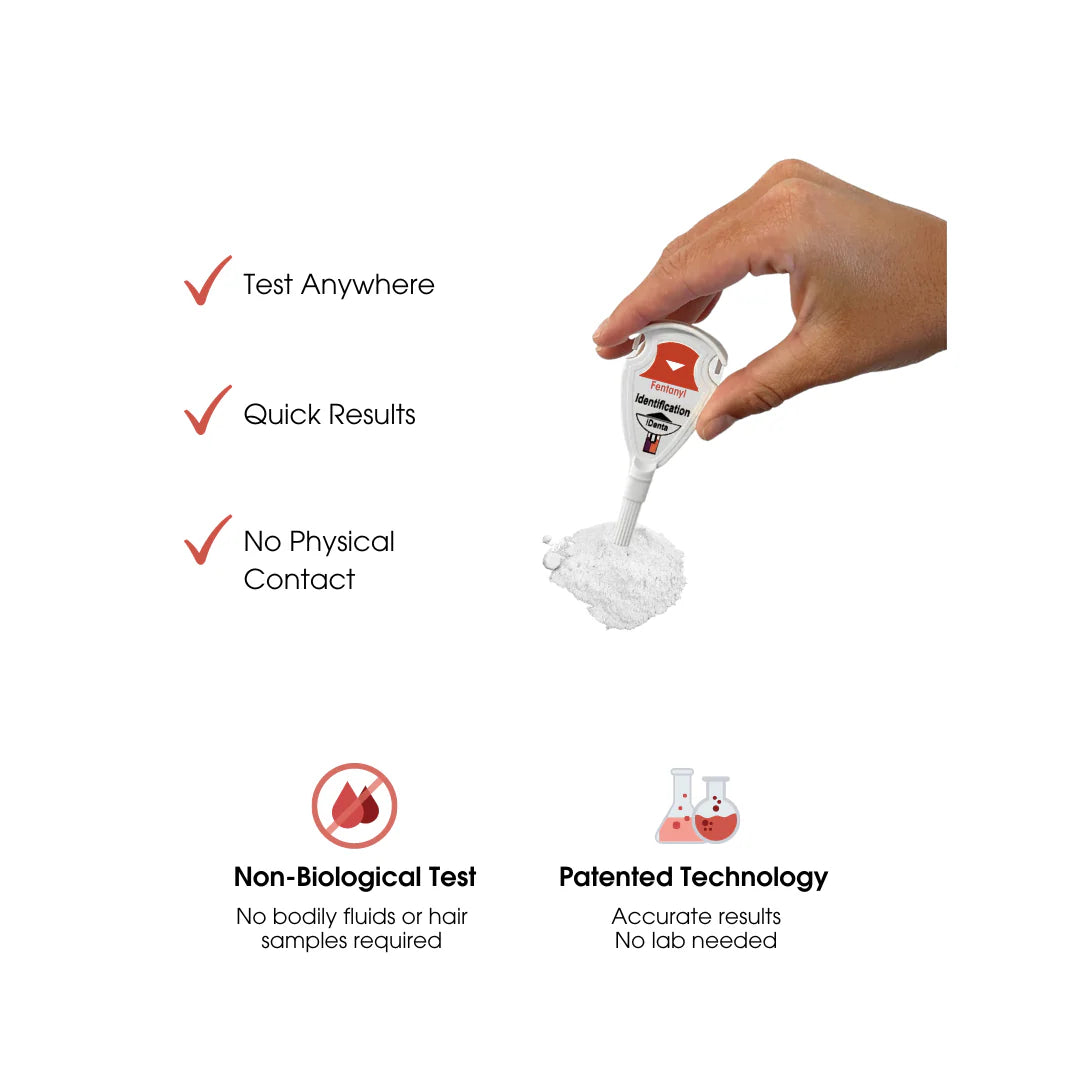 Hand holding a test device with text highlighting features on a white background
