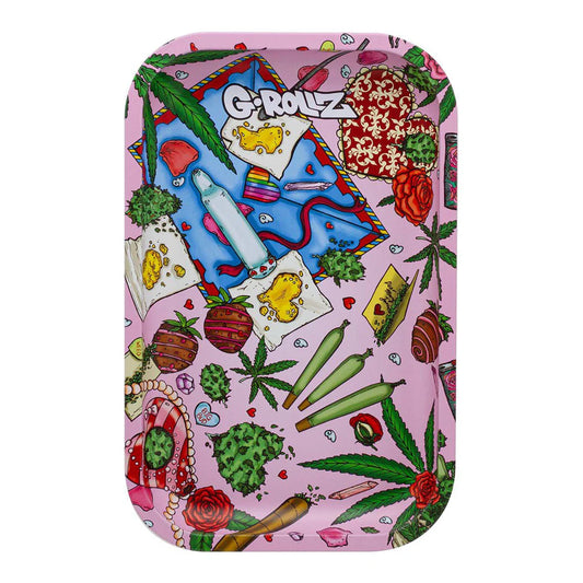 Colorful tray with marijuana-themed design and 'G-Rollz' branding on a pink background - The Wee Smoke Shop