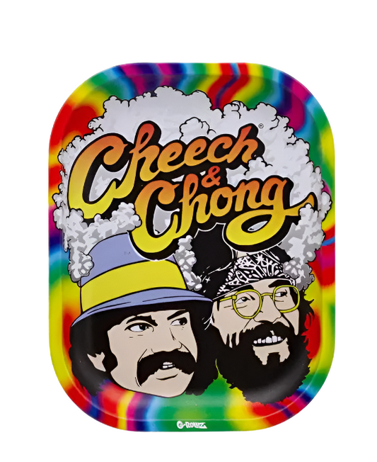 Colorful tray with 'Cheech & Chong' design featuring two faces and a tie-dye background.