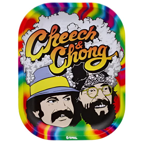 Colorful tray with 'Cheech & Chong' design featuring two faces and a tie-dye background.