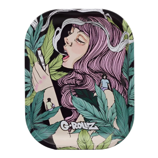 Tray with a design of a person with pink hair and leaves, featuring the brand 'G-Rollz' on white background