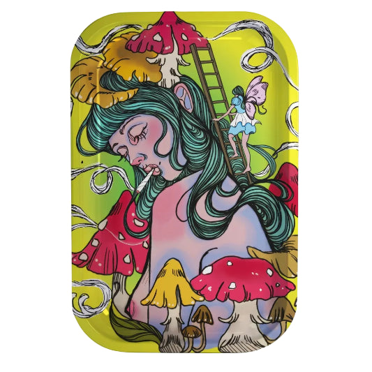 Colorful tray with a stylized illustration of a woman with green hair, mushrooms, and fairies on a yellow background.
