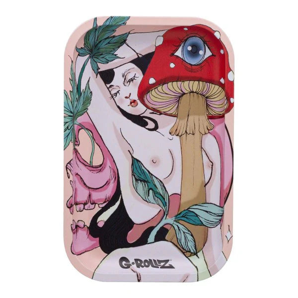A medium rolling tray with a floral and mushroom design, featuring a woman's figure and a prominent red mushroom.