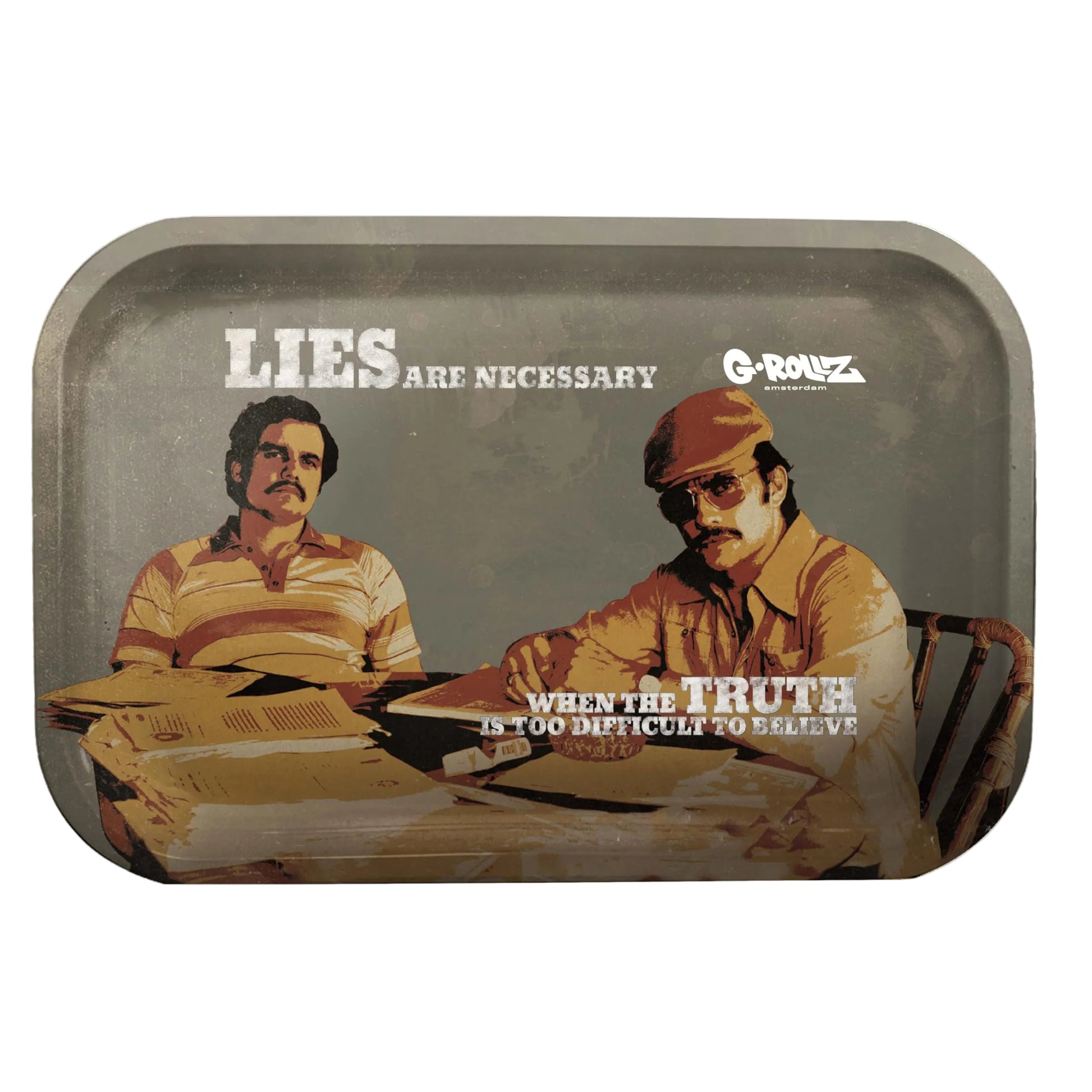 A rectangular metal rolling tray with rounded corners, featuring a vintage-style illustrated design of two men at a table with papers. The tray has the text 'LIES ARE NECESSARY' and 'G-ROUZ' printed on it, set against a plain white background.