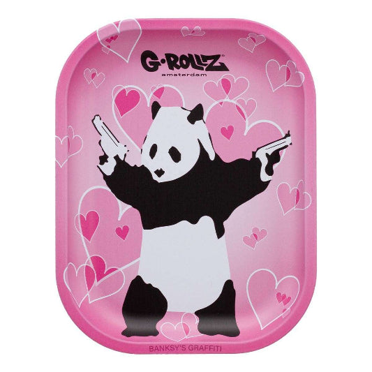 Pink rolling tray with panda design and 'G-Rollz' branding on white background