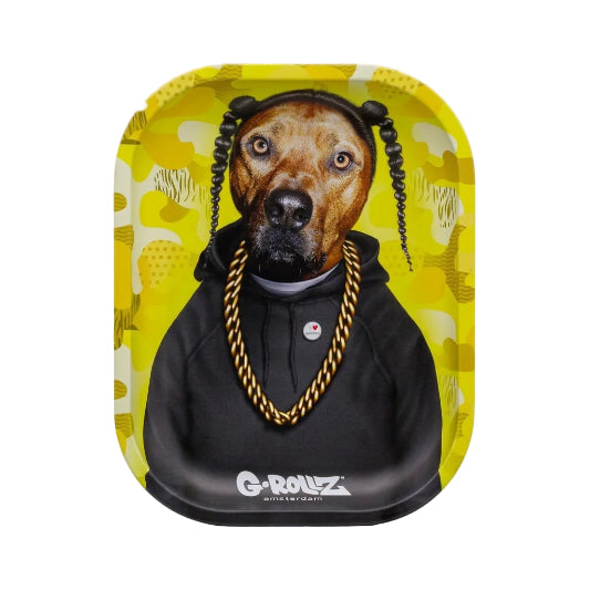 Dog figurine wearing a hoodie and chains on a yellow background with 'G-Rollz' branding on white background