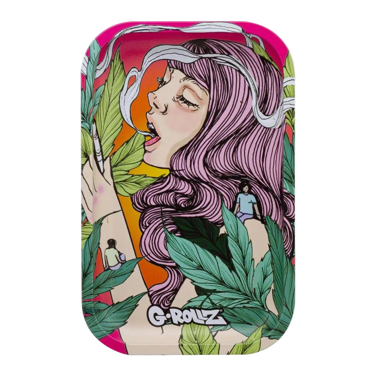 Rolling tray with colorful design of a person with pink hair and leaves, featuring the brand 'G-Rollz'.