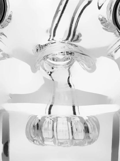 Close-up of clear dab rig showerhead perc inside glass chamber. - The Wee Smoke Shop