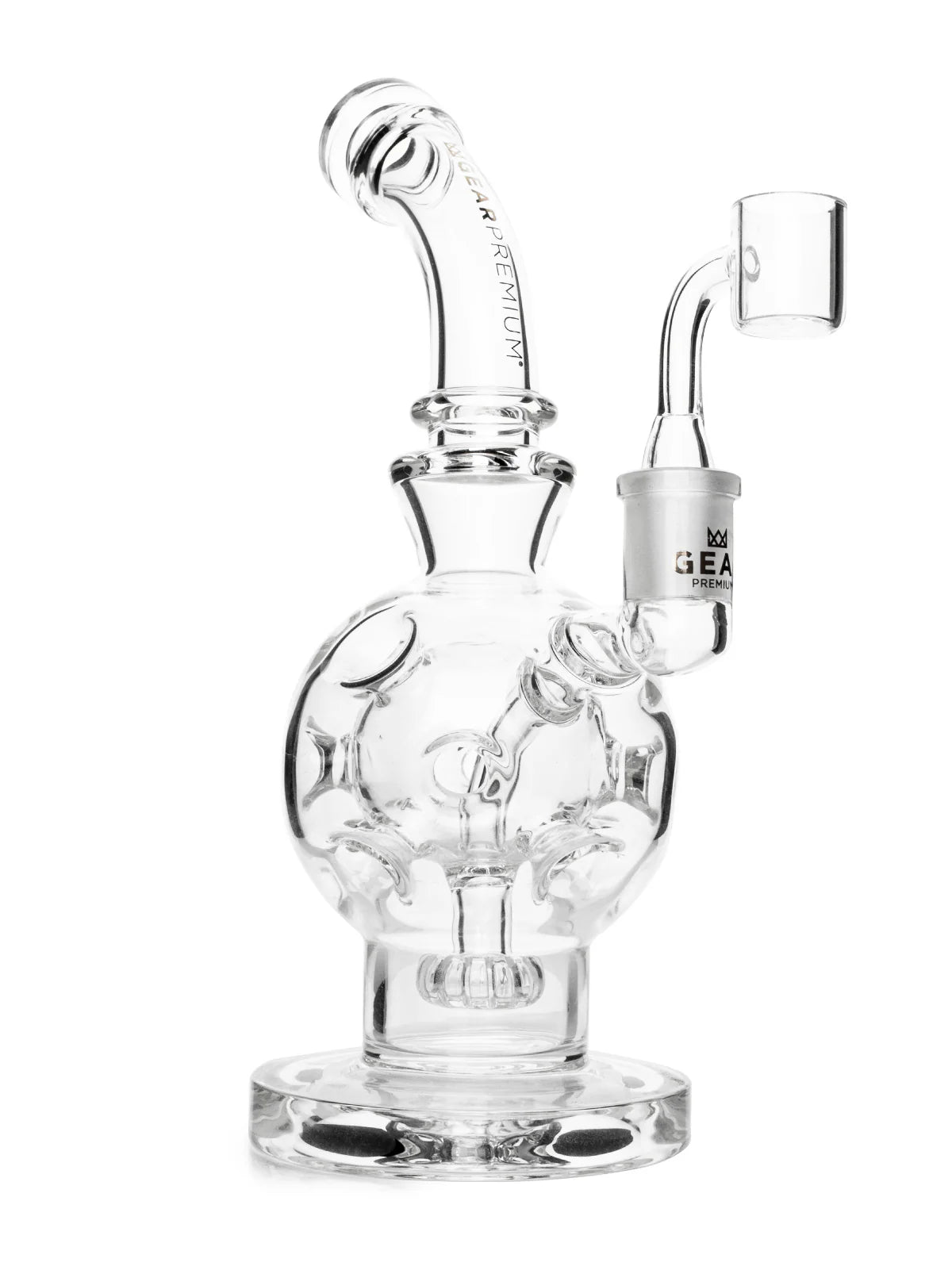 Clear GEAR Premium dab rig with Swiss perc, showerhead perc, quartz banger, and round glass body. - The Wee Smoke Shop