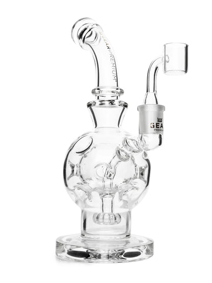 Clear GEAR Premium dab rig with Swiss perc, showerhead perc, quartz banger, and round glass body. - The Wee Smoke Shop