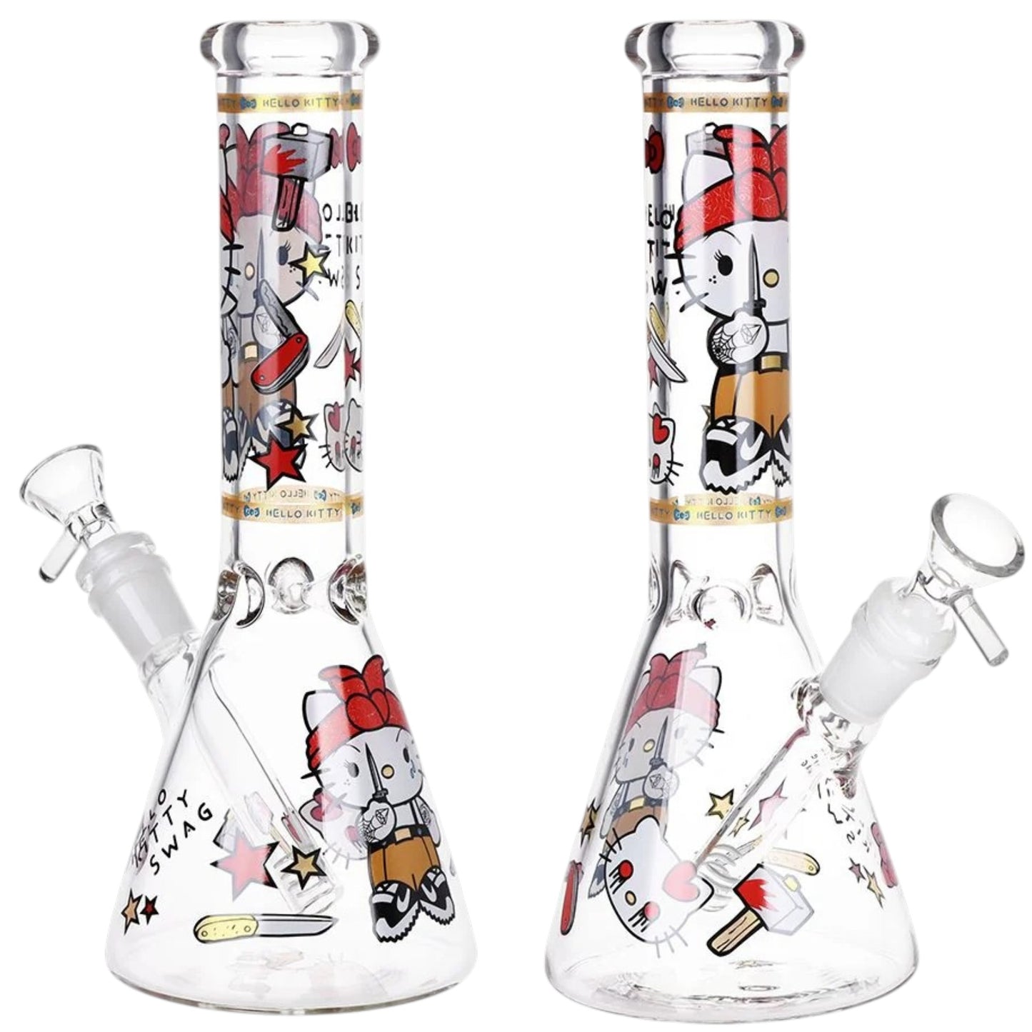 Gangster Kitty 10-inch beaker glass water pipe with red and black decals, bowl, downstem, and clear beaker base. - The Wee Smoke Shop