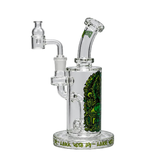 Glass water pipe with green interior on a white background