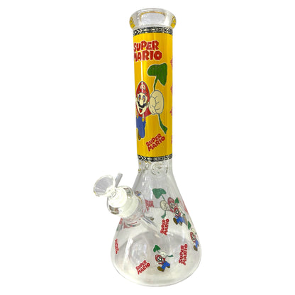 Glass smoking device with Super Mario design on a yellow label - The Wee Smoke Shop