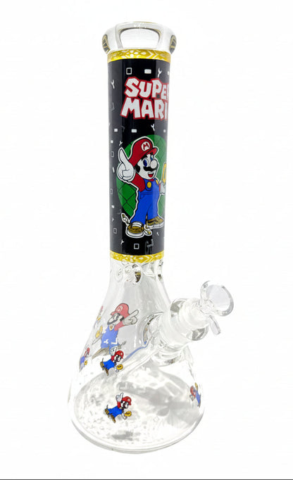 Glass water bong with Super Mario design on a white background
