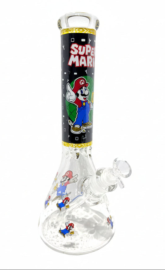 Glass water bong with Super Mario design on a white background