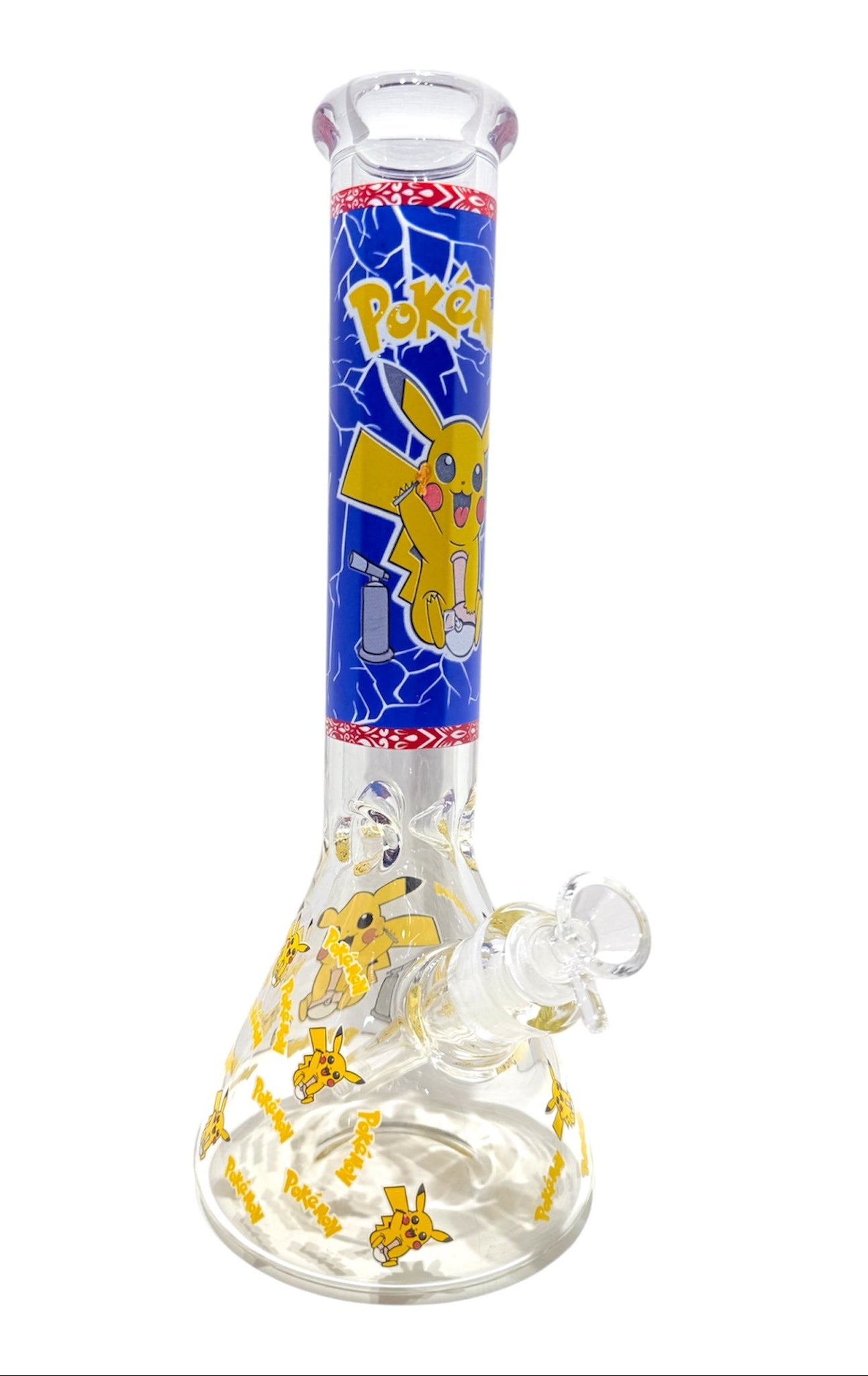 Glass smoking device with Pikachu design on a white background