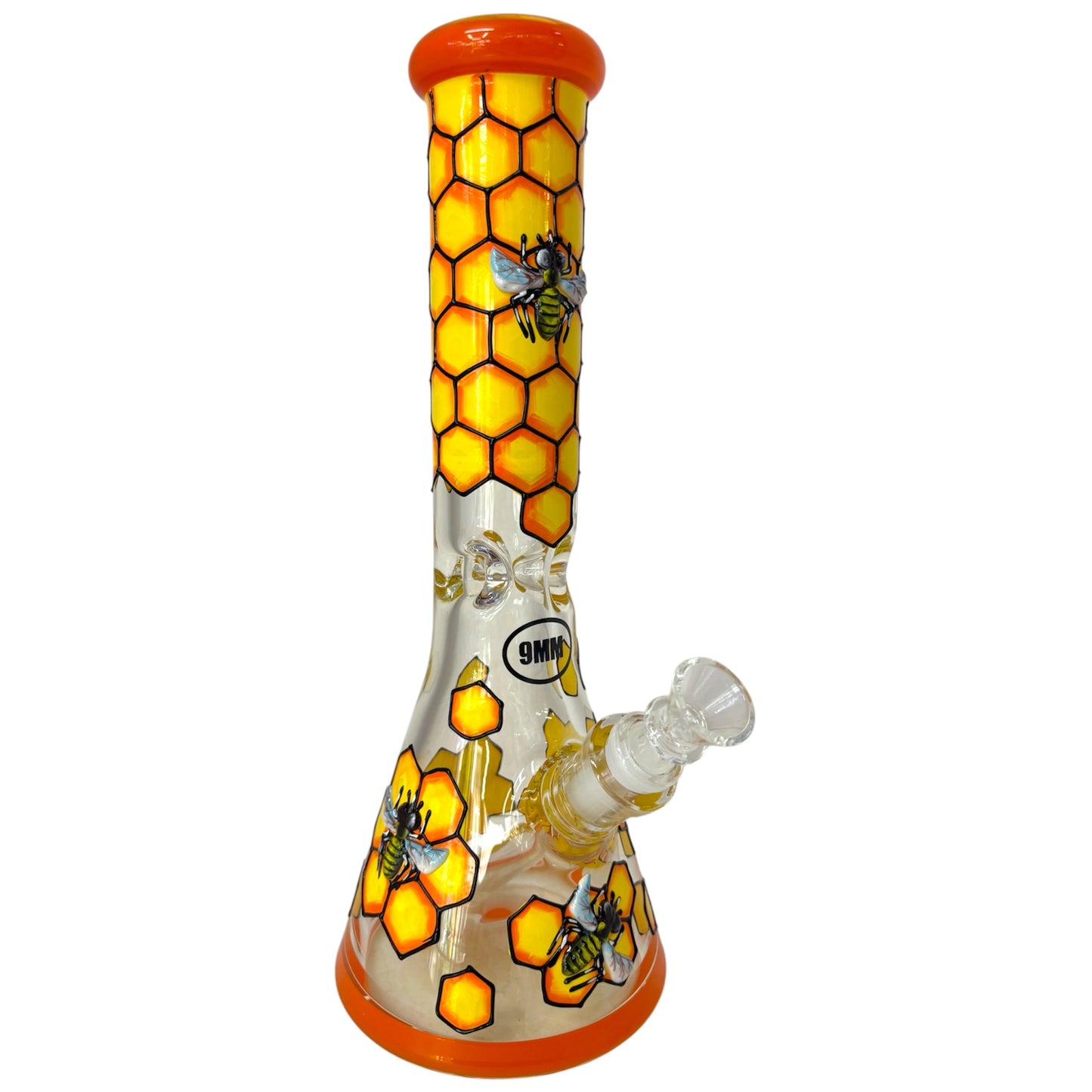 Full 9mm glass beaker bong with orange rim accents, honeycomb artwork, bee designs, clear glass bowl, and downstem. - The Wee Smoke Shop