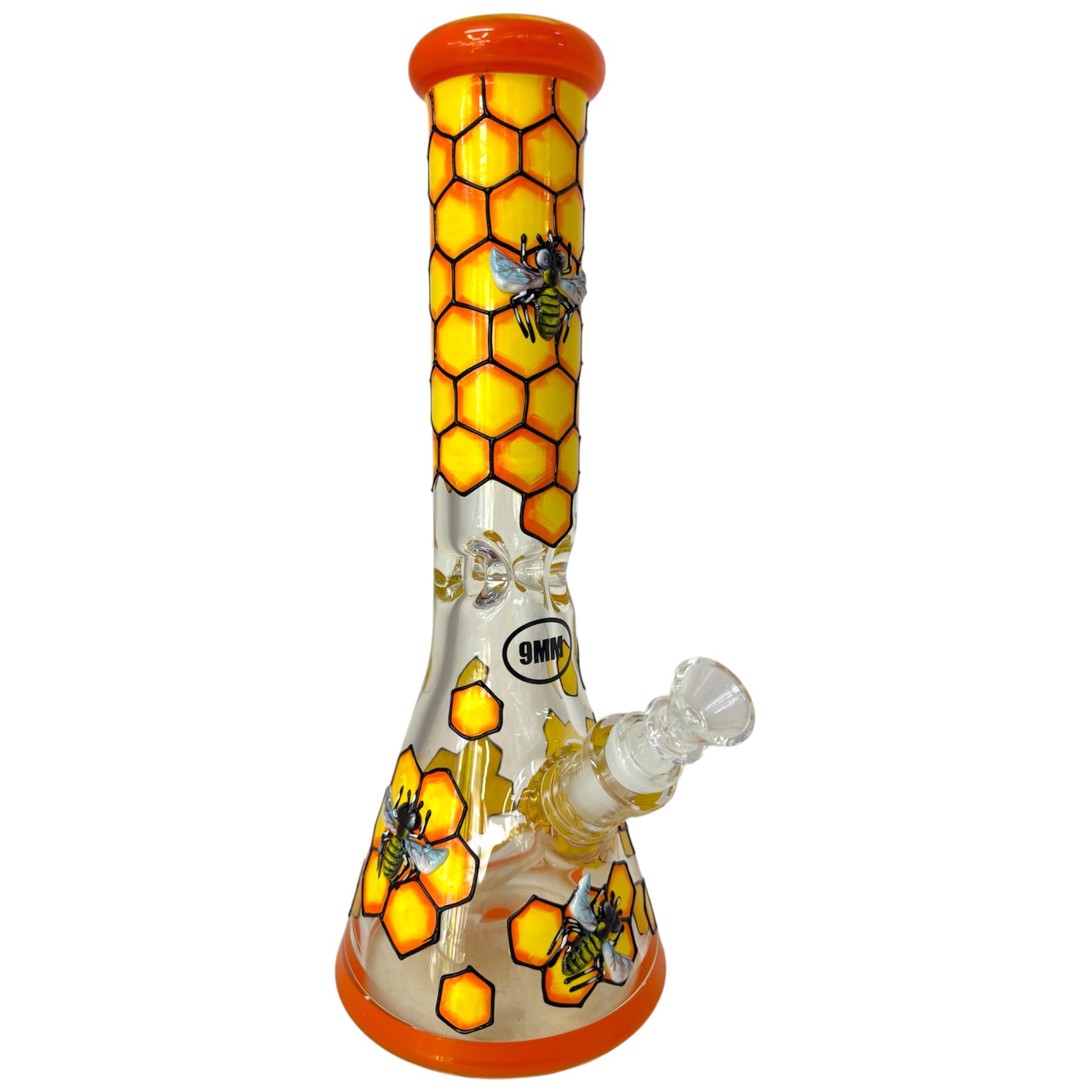 Full 9mm glass beaker bong with orange rim accents, honeycomb artwork, bee designs, clear glass bowl, and downstem. - The Wee Smoke Shop
