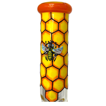 Close-up of the 9mm bong neck with orange honeycomb pattern and raised bee detail on clear glass. - The Wee Smoke Shop