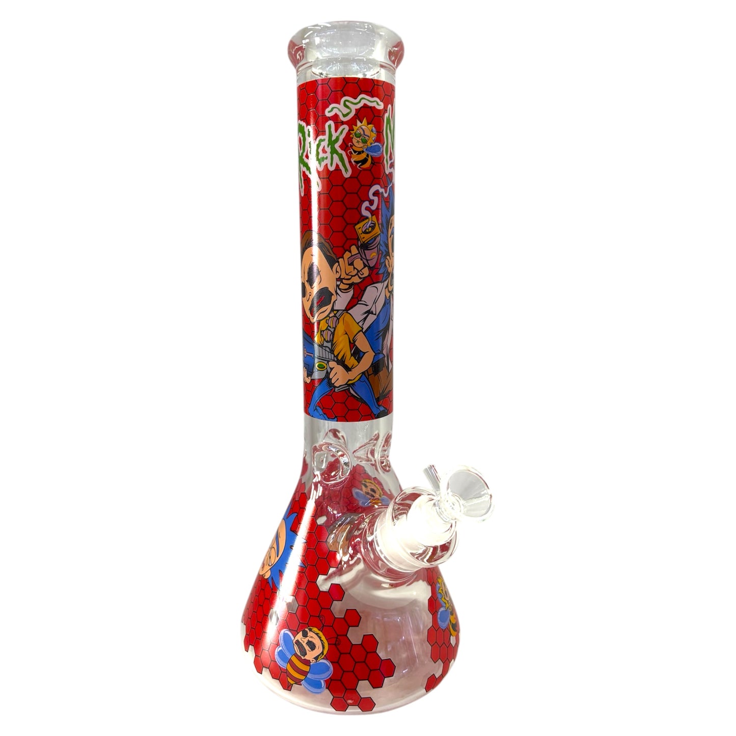 Glass bong with colorful cartoon character design on a white background - The Wee Smoke Shop