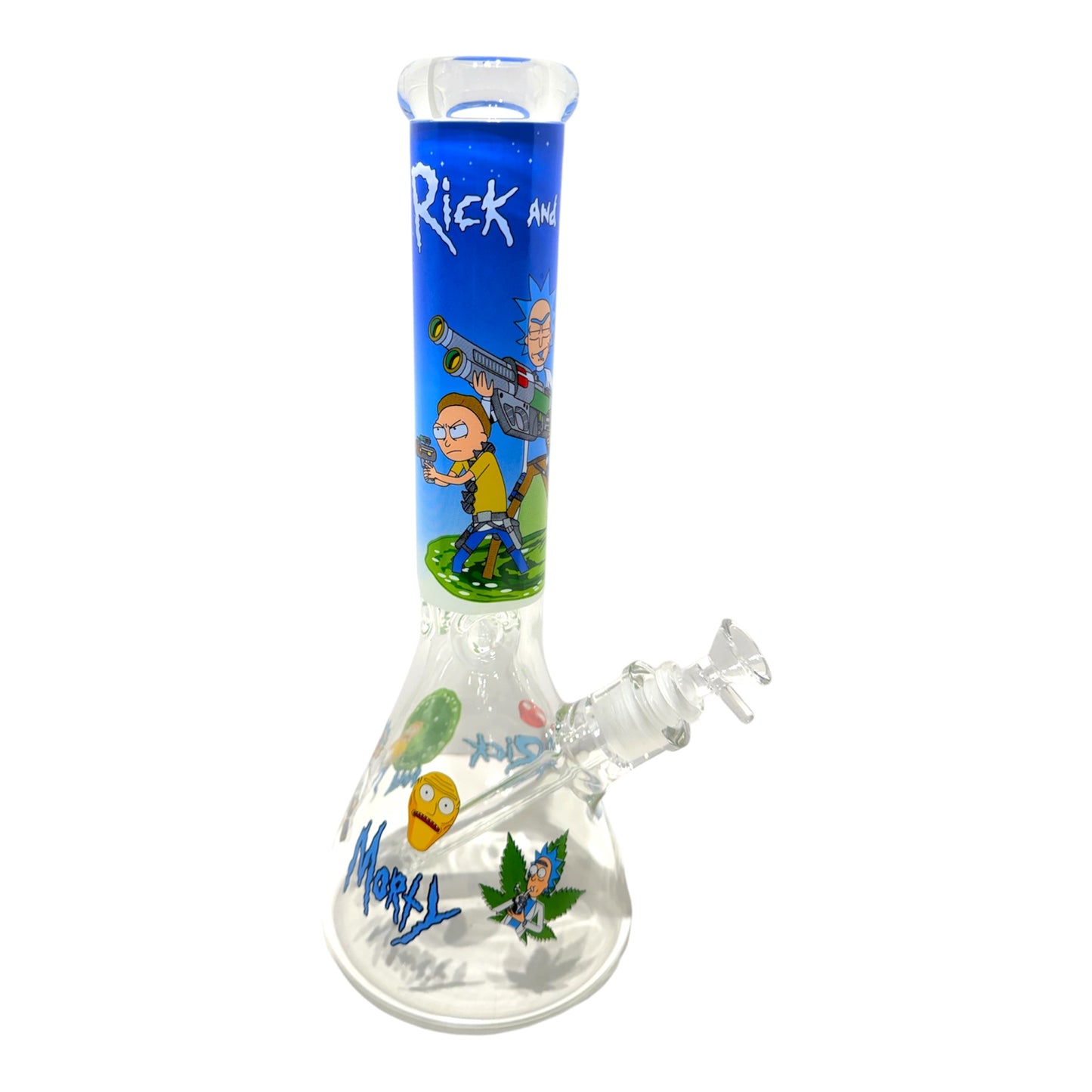Glass water pipe with cartoon characters and 'Rick and Morty' branding on a white background - The Wee Smoke Shop