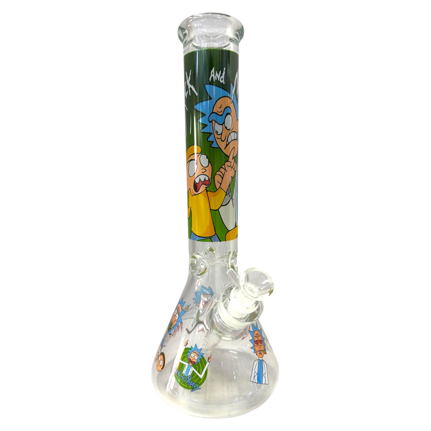 Glass water pipe with cartoon character design on a white background - The Wee Smoke Shop