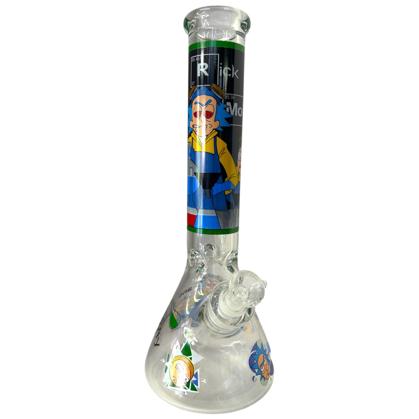 Clear Rick and Morty themed beaker bong with black and green artwork, glass bowl, and downstem. - The Wee Smoke Shop