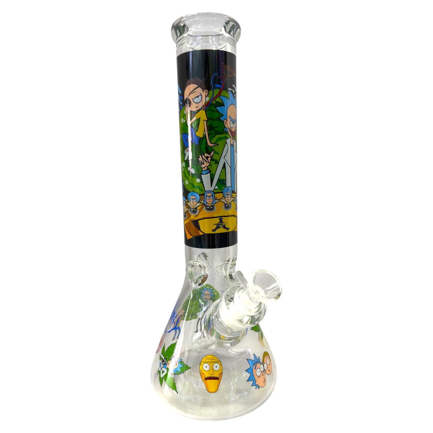 Glass water pipe with cartoon character design on a white background- The Wee Smoke Shop