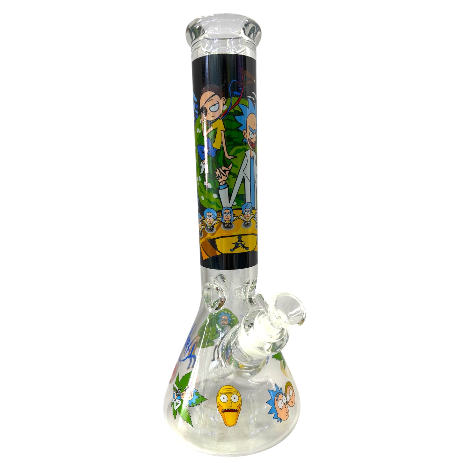 Glass water pipe with cartoon character design on a white background- The Wee Smoke Shop