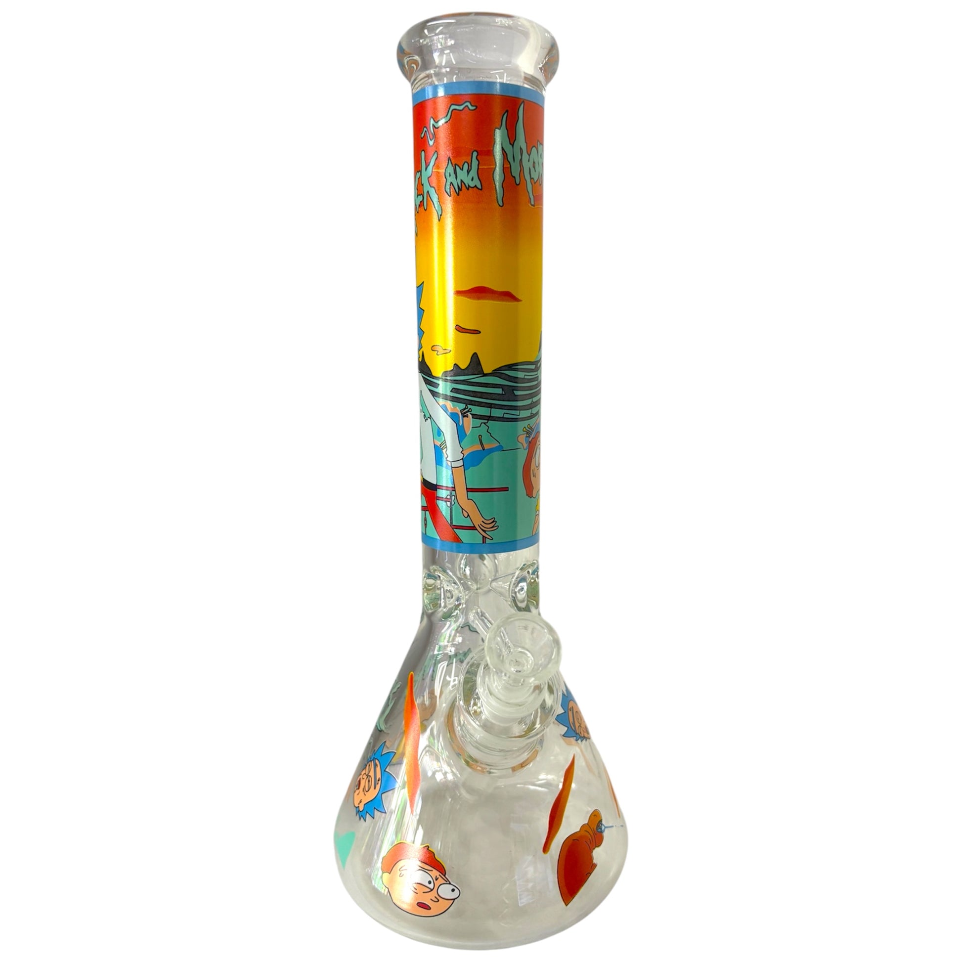 Clear Rick and Morty themed beaker bong with orange and blue artwork, glass bowl, and downstem. - The Wee Smoke Shop