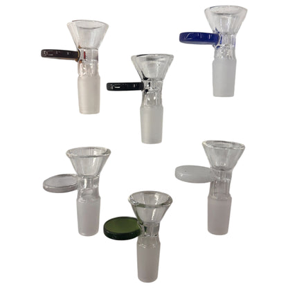 Assorted 14mm clear glass bowl pieces with frosted male joints and flat side handles in different colours, including amber, black, blue, green, white, and clear. The Wee Smoke Shop