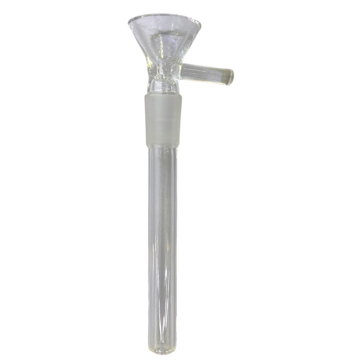 Clear glass herb bowl with a wide funnel-shaped opening, small straight side handle, frosted glass joint, and long cylindrical downstem, shown vertically against a white background.