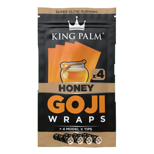 King Palm Honey Goji Wraps 4-pack, black and tan pouch with honey jar graphic, includes 4 wraps and Model X tips, slow-burning natural goji berry wraps.