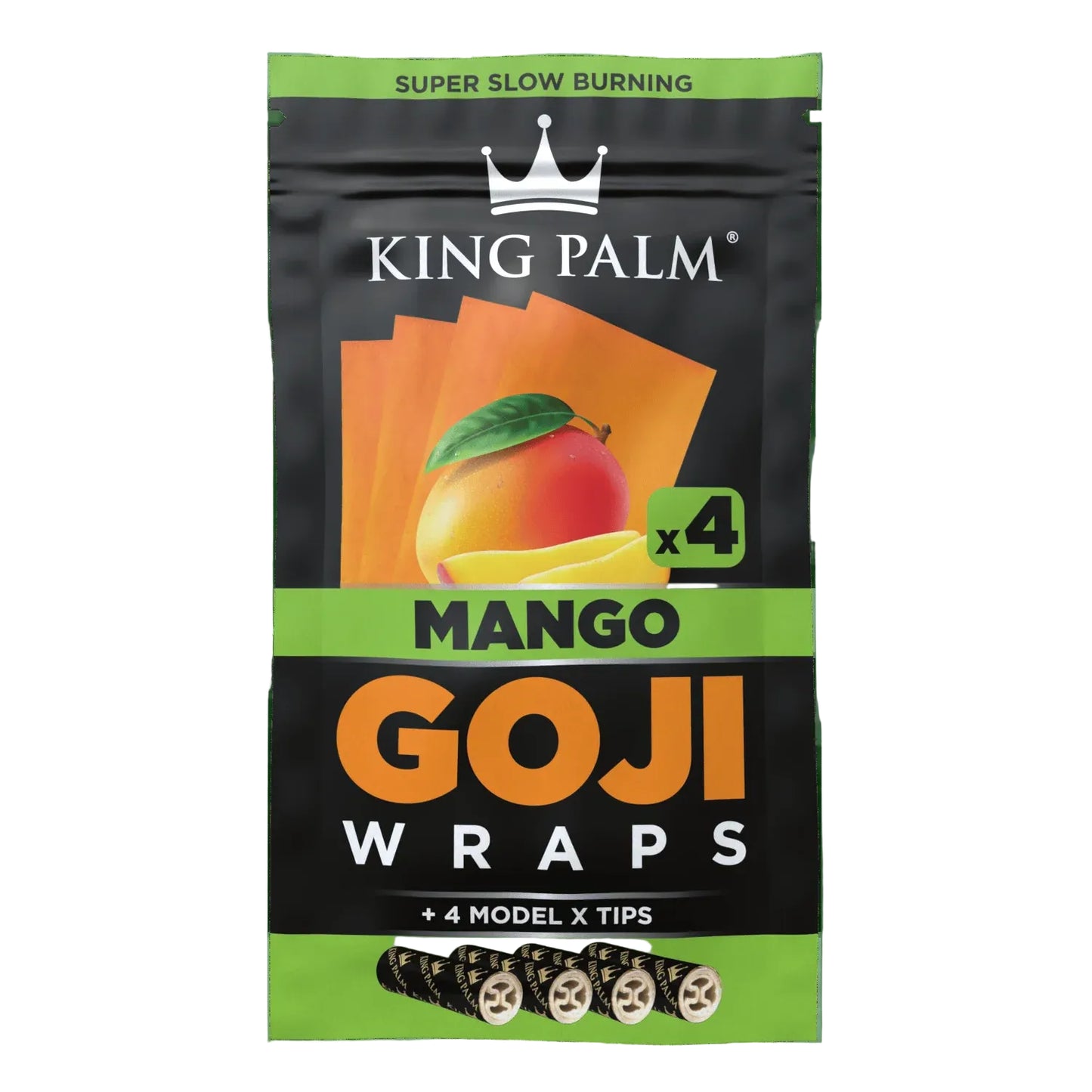 King Palm Mango Goji Wraps 4-pack, black and green pouch with mango graphic, includes 4 wraps and Model X tips, slow-burning natural goji berry wraps.