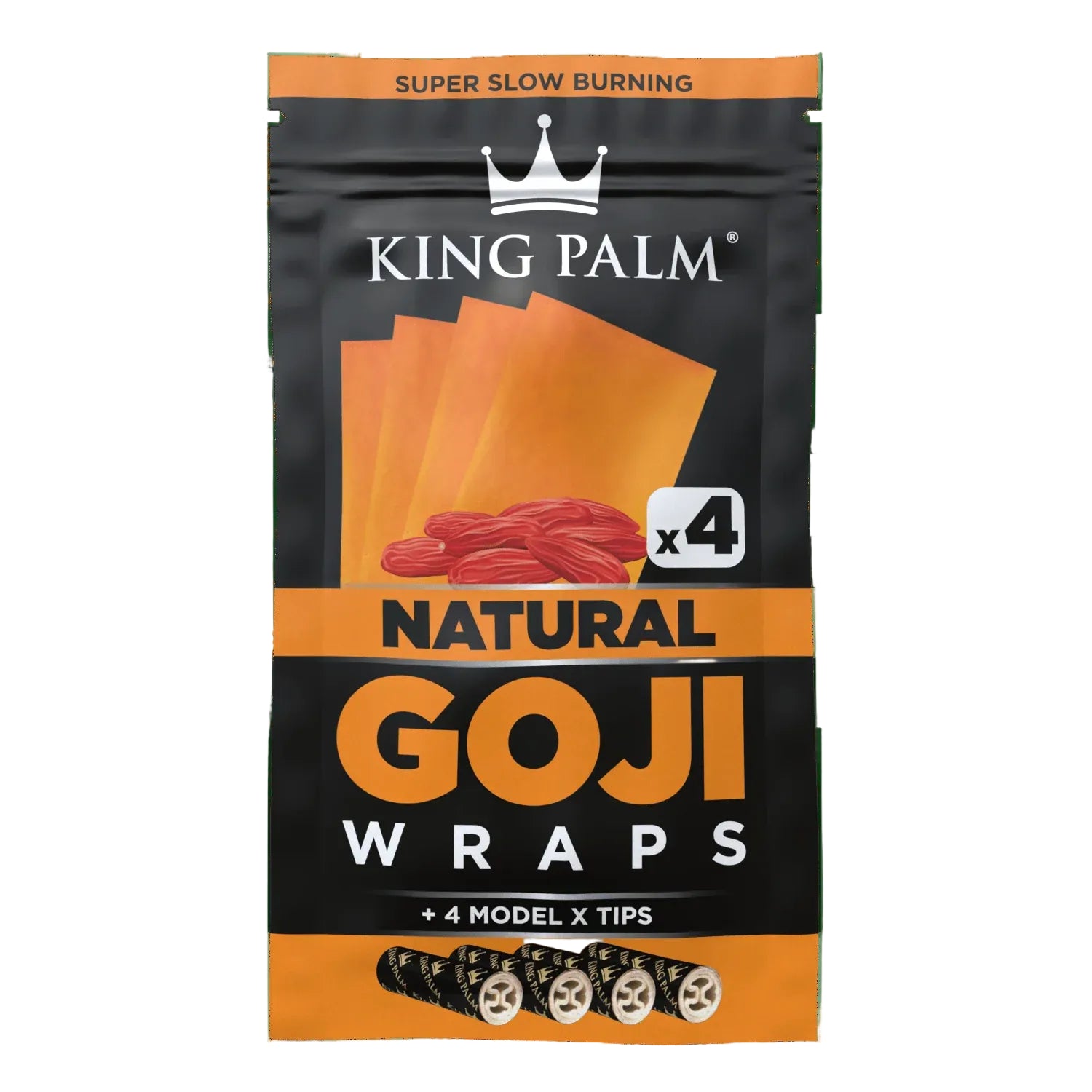 King Palm Natural Goji Wraps 4-pack, black and orange pouch with goji berry graphic, includes 4 wraps and Model X tips, slow-burning natural goji berry wraps.