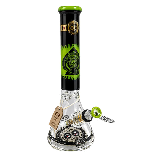 This image features two Cheech 14" Protest the Crest Bongs, each uniquely adorned with vibrant, countercultural-themed artwork. On display are details such as the bong's thick glass construction, approximately 14mm bowl size, and the 7mm thickness.