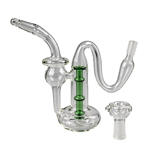 Glass smoking device with a green center on a white background