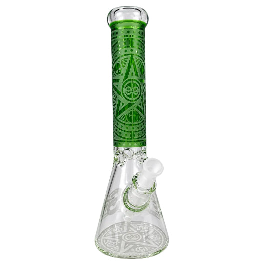 Clear glass water pipe with green accent on a white background