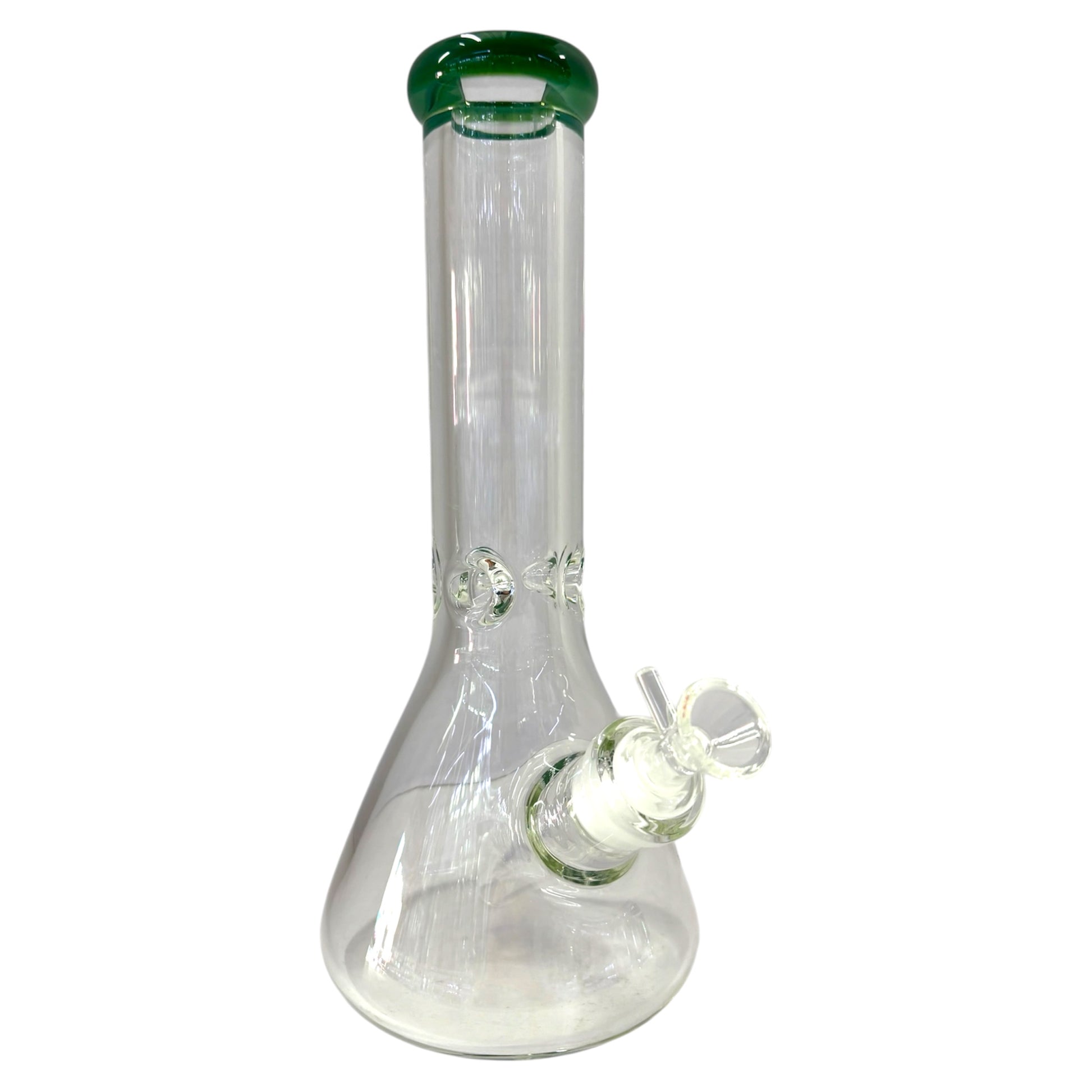 Clear glass water pipe with a green top on a white background - The Wee Smoke Shop
