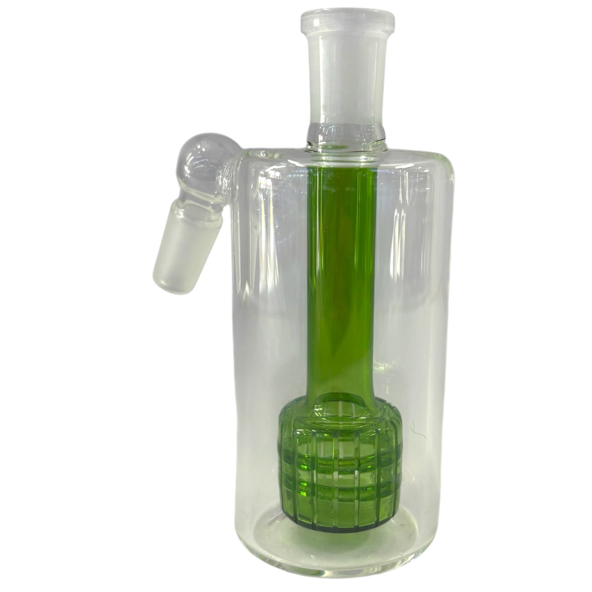 Clear glass water pipe with green perc on a white background - The Wee Smoke Shop